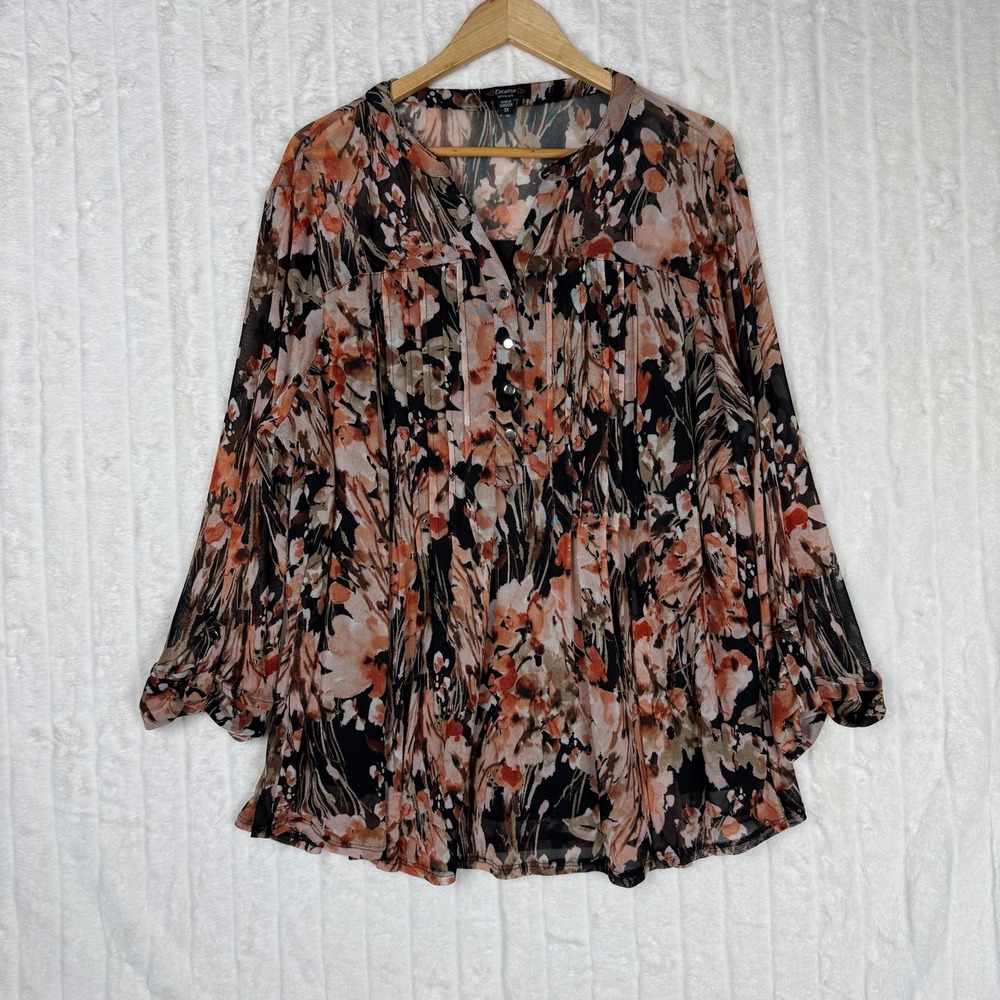 Cocomo Woman Plus 3X Floral Print Sheer Mesh Blouse Top Button Front Long Sleeve